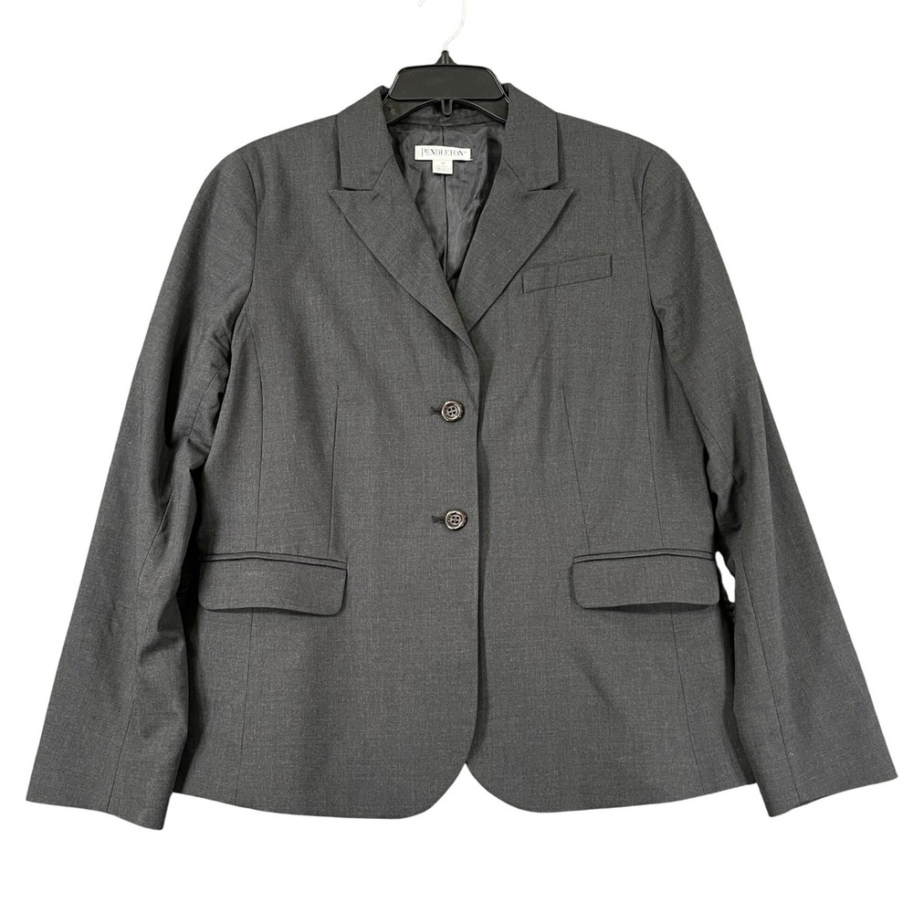 Pendleton Virgin Wool Blazer Women 14 Charcoal Grey Two Button Career Office
